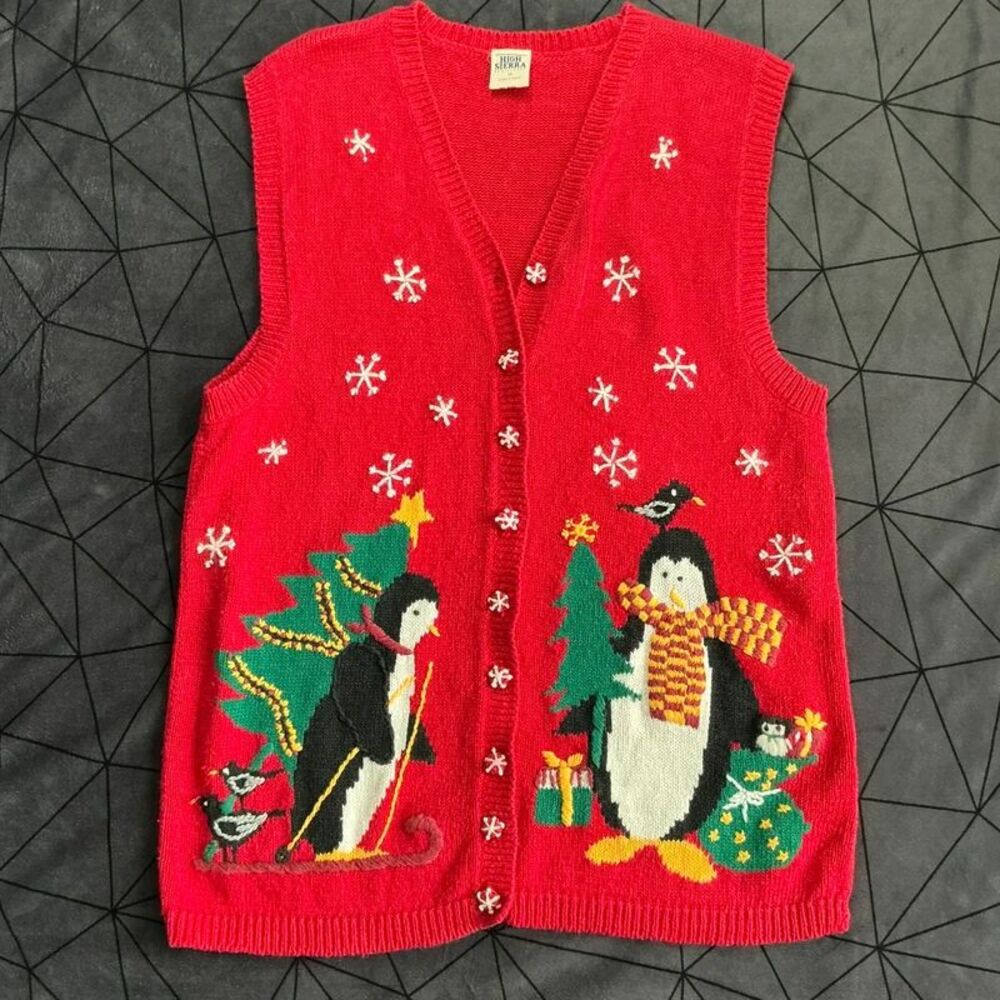 Vintage Ugly Christmas Sweater Vest Red Penguin Knit 1X Tacky